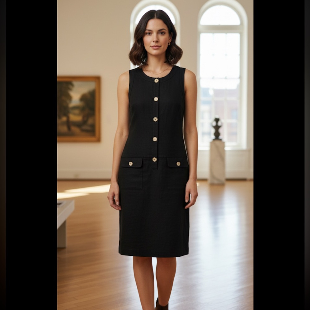 Talbots Black Sleeveless Sheath Dress Gold Buttons Sz. 4P Career Holiday Church